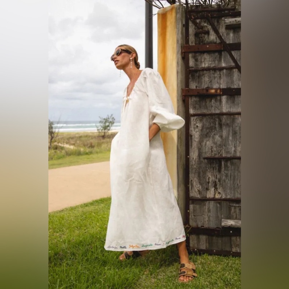 Verge Girl White Midi Dress with Embroidered Hem